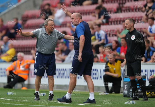 030819 - Wigan Athletic v Cardiff City - Sky Bet Championship -  Manager Neil Warnock of Cardiff can't believe the missed goals Cardiff should have scored and appeals to 4th official