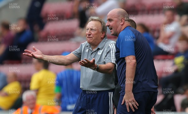 030819 - Wigan Athletic v Cardiff City - Sky Bet Championship - Manager Neil Warnock of Cardiff and Manager Paul Cook of Wigan Athletic remonstrate 