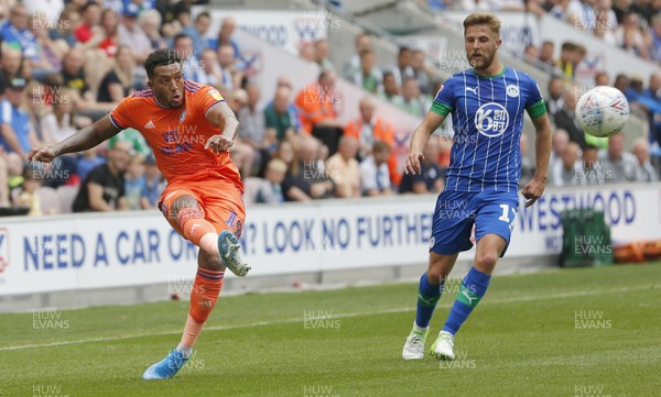030819 - Wigan Athletic v Cardiff City - Sky Bet Championship - Nathaniel Mendez-Laing of Cardiff tries a shot 