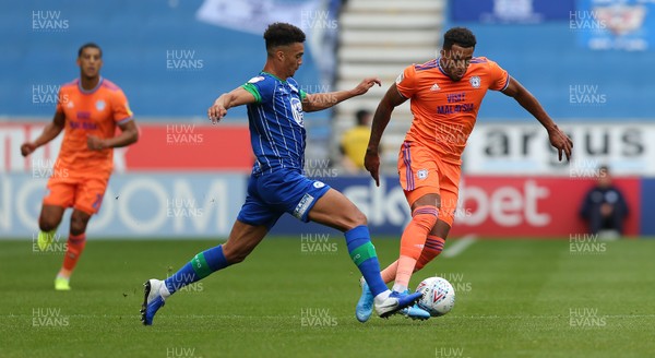 030819 - Wigan Athletic v Cardiff City - Sky Bet Championship - Nathaniel Mendez-Laing of Cardiff and Antonee Robinson of Wigan Athletic 