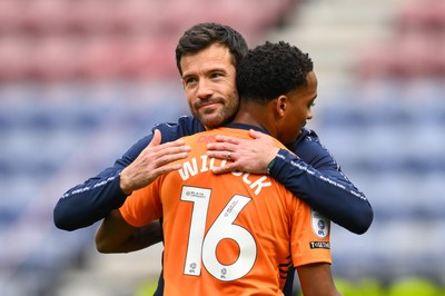 270925 - Wigan Athletic v Cardiff City - Sky Bet League 1 -   Brian Barry-Murphy, Manager of Cardiff City, clebrates with Chris Willock of Cardiff City