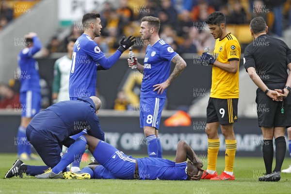 020319 - Wolverhampton Wanderers v Cardiff City, Premier League - Sol Bamba of Cardiff City receives treatment after sustaining an injury