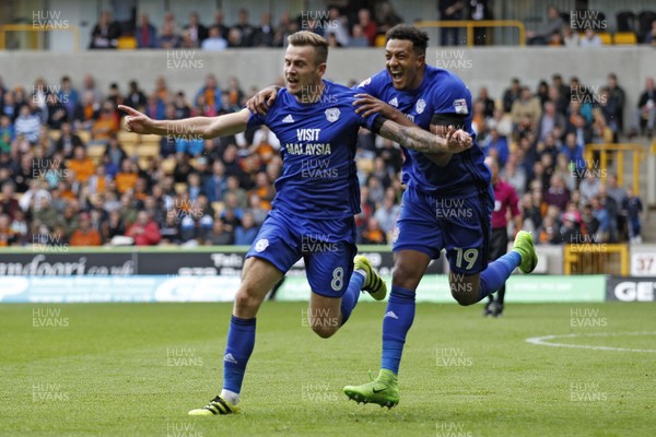 190817 - Wolverhampton Wanderers v Cardiff City, EFL Championship - Joe Ralls of Cardiff City (left) celebrates scoring his side's first goal with Nathaniel Mendez-Laing