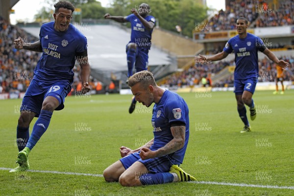 190817 - Wolverhampton Wanderers v Cardiff City, EFL Championship - Joe Ralls of Cardiff City (centre) celebrates scoring his side's first goal with team-mates