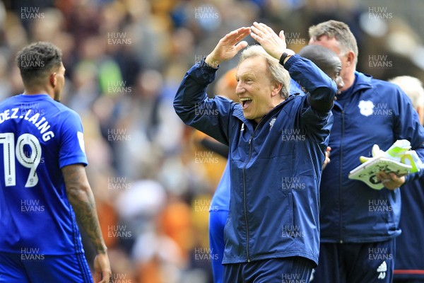 190817 - Wolverhampton Wanderers v Cardiff City, EFL Championship - Cardiff City Manager Neil Warnock celebrates with fans at the end of the match
