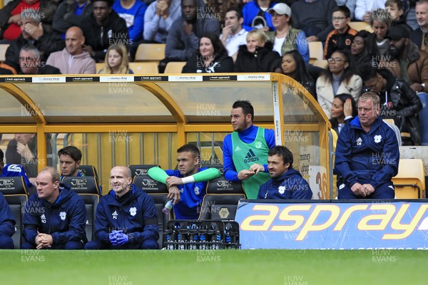 190817 - Wolverhampton Wanderers v Cardiff City, EFL Championship - Lee Tomlin of Cardiff City (right) in the dugout during the match