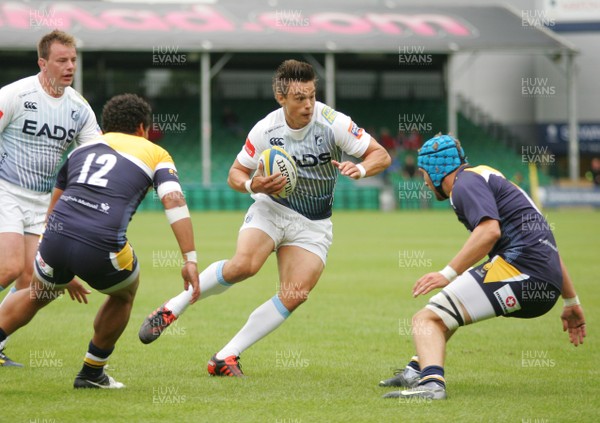 170813 Worcester v Cardiff Blues - Pre-season friendly -Blues' Chris Czekaj takes on Worcester's Sam Betty 