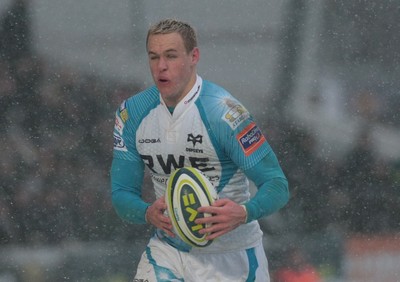 04.02.12 Worcester v Ospreys - LV=Cup -.Ospreys' Hanno Dirkson runs in to score a try.