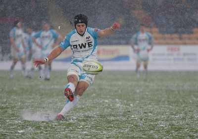 04.02.12 Worcester v Ospreys - LV=Cup -.Ospreys' Matthew Morgan kicks a goal.