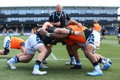 050926 - Worcester Warriors v Cardiff Rugby - Preseason Friendly - Forwards Coach of Cardiff Scott Andrews leads the front rows