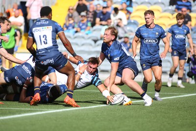 050926 - Worcester Warriors v Cardiff Rugby - Preseason Friendly - Taine Basham of Cardiff scores a try