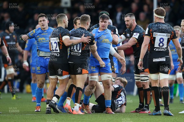 071219 - Worcester Warriors v Dragons - European Rugby Challenge Cup - The aftermath of the incident of which Taine Basham of Dragons received a red card from Referee Marius Mitrea