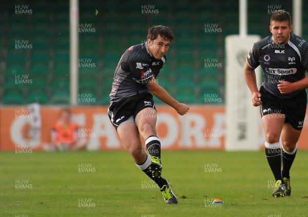 150814 - Worcester Warriors v Ospreys - Preseason friendly - Sam Davies of Ospreys kicks a goal