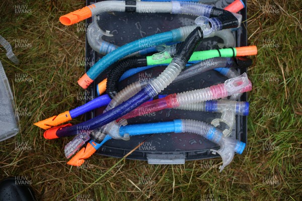 260818 - Picture shows boxes of snorkels at the annual World Bog Snorkelling Championships in Llanwrtyd Wells, Powys, Wales