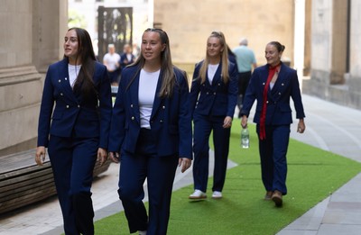 170825 - Women’s Rugby World Cup Welcome Ceremony - Wales’ Nel Metcalfe, Katherine Baverstock, Hannah Dallavalle and Jasmine Joyce arrive at the Women’s Rugby World Cup welcome ceremony at Manchester Town Hall