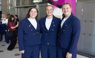 170825 - Women’s Rugby World Cup Welcome Ceremony - Wales’ Maisie Davies, Tilly Vucaj and Alaw Pyrs at the Women’s Rugby World Cup welcome ceremony at Manchester Town Hall 