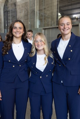 170825 - Women’s Rugby World Cup Welcome Ceremony - Wales’ Branwen Metcalfe, Seren Lockwood and Tilly Vucaj at the Women’s Rugby World Cup welcome ceremony at Manchester Town Hall 
