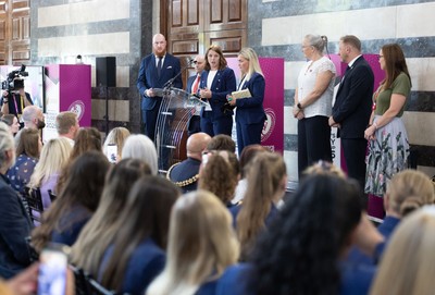 170825 - Women’s Rugby World Cup Welcome Ceremony - Wales co-captains Kate Williams and Alex Callendar speak at the Women’s Rugby World Cup welcome ceremony at Manchester Town Hall