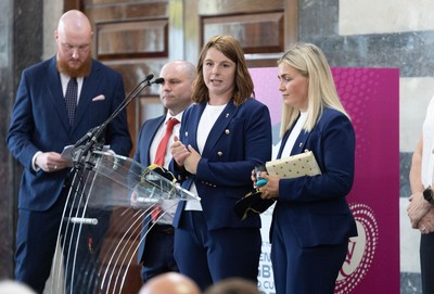 170825 - Women’s Rugby World Cup Welcome Ceremony - Wales co-captains Kate Williams and Alex Callendar speak at the Women’s Rugby World Cup welcome ceremony at Manchester Town Hall