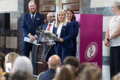 170825 - Women’s Rugby World Cup Welcome Ceremony - Wales co-captains Alex Callendar and Kate Williams speak at the Women’s Rugby World Cup welcome ceremony at Manchester Town Hall
