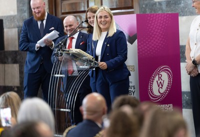 170825 - Women’s Rugby World Cup Welcome Ceremony - Wales co-captains Alex Callendar and Kate Williams speak at the Women’s Rugby World Cup welcome ceremony at Manchester Town Hall