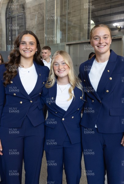 170825 - Women’s Rugby World Cup Welcome Ceremony - Wales’ Branwen Metcalfe, Seren Lockwood and Tilly Vucaj at the Women’s Rugby World Cup welcome ceremony at Manchester Town Hall 