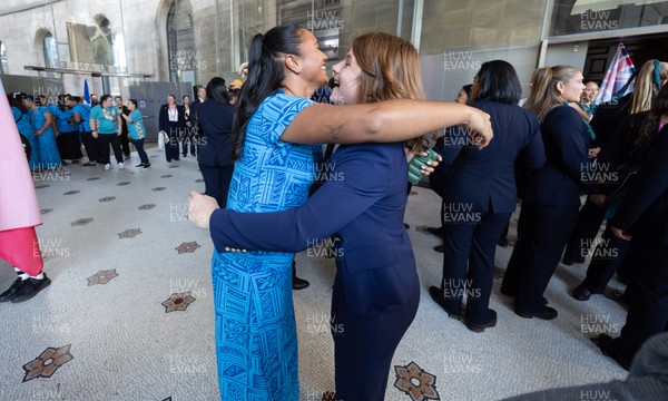 170825 - Women’s Rugby World Cup Welcome Ceremony - Wales’ Kate Williams embraces friends at the Women’s Rugby World Cup welcome ceremony at Manchester Town Hall 