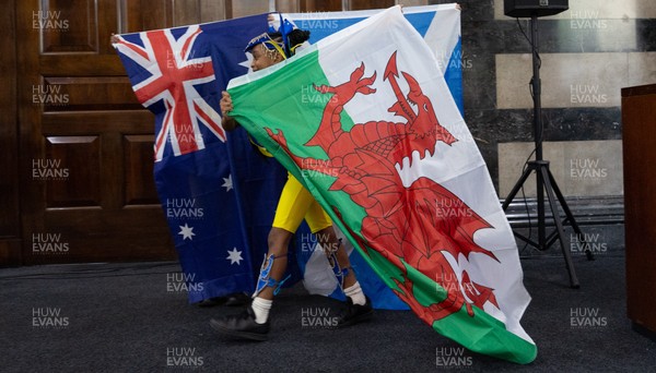 170825 - Women’s Rugby World Cup Welcome Ceremony - A young dancer performs with a Wales flag at the Women’s Rugby World Cup welcome ceremony at Manchester Town Hall 