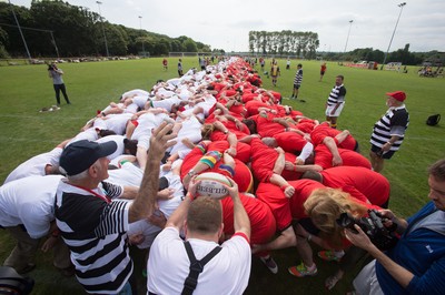 240816 - World Record attempt for the Largest Rugby Scrum - Participants bind together ready for the ball as the attempt for the Worlds Largest Rugby Scrum gets underway at the Golden Oldies World Rugby Festival in Cardiff