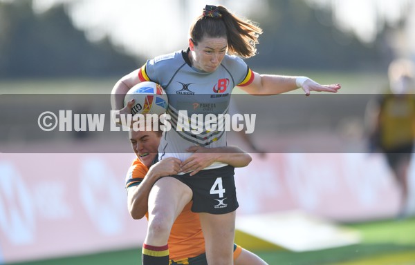 210122 - Australia v Belgium Women - HSBC World Rugby Sevens Series -  Belgium’s Cecile Blondiau is tackled by Jakiya Whitfeld
