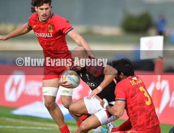 230122 - Spain v Wales  - HSBC World Rugby Sevens Series -  Wales Luke Treharne is tackled by Javier De Juan