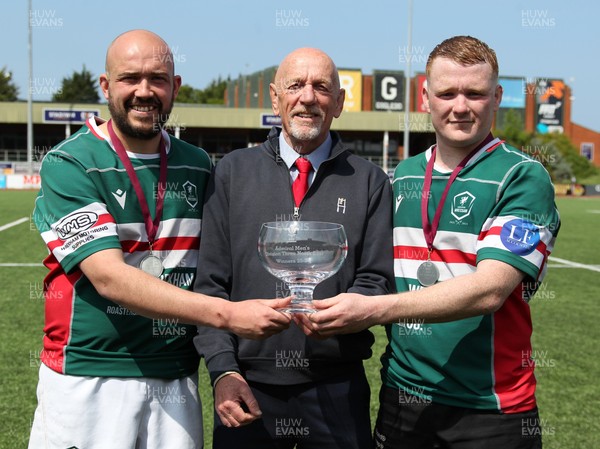 090526 - Wrexham 2nd XV - Admiral National League 3 North East Trophy Presentation - Alun Roberts, WRU North Wales representative, presents the trophy to co-captains Mike Moore and Jordan Roberts of Wrexham RFC