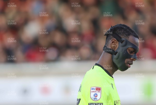 231223 - Wrexham v Newport County - Sky Bet League 2 - Arthur Okonkwo (GK) with protective face mask
