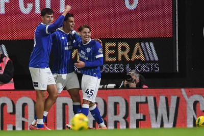 281025 - Wrexham v Cardiff City - Carabao Cup Round 4 - Yousef Salech of Cardiff City celebrates scoring the first goal of the game with team mates