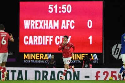281025 - Wrexham v Cardiff City - Carabao Cup Round 4 - Kieffer Moore of Wrexham celebrates scoring a goal