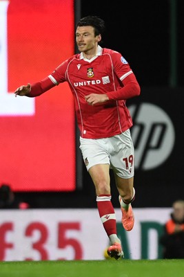 281025 - Wrexham v Cardiff City - Carabao Cup Round 4 - Kieffer Moore of Wrexham celebrates scoring a goal