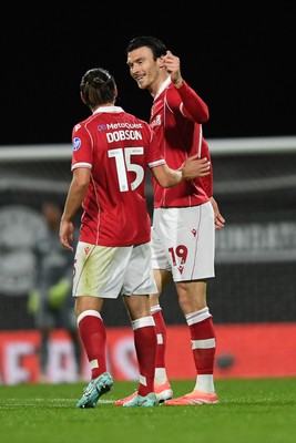 281025 - Wrexham v Cardiff City - Carabao Cup Round 4 - Kieffer Moore of Wrexham celebrates scoring a goal with team mates