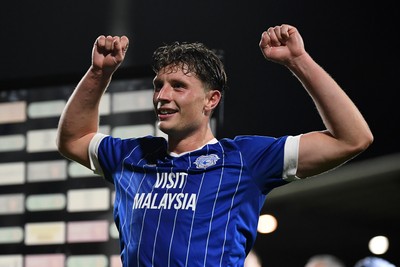 281025 - Wrexham v Cardiff City - Carabao Cup Round 4 - Will Fish of Cardiff City celebrates the win at full time