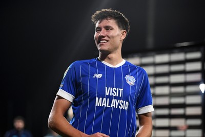 281025 - Wrexham v Cardiff City - Carabao Cup Round 4 - Rubin Colwill of Cardiff City celebrates the win at full time