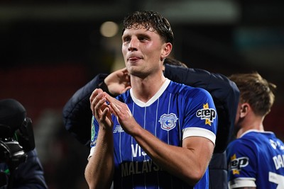281025 - Wrexham v Cardiff City - Carabao Cup Round 4 - Will Fish of Cardiff City celebrates the win at full time