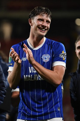 281025 - Wrexham v Cardiff City - Carabao Cup Round 4 - Will Fish of Cardiff City celebrates the win at full time