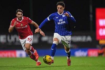 281025 - Wrexham v Cardiff City - Carabao Cup Round 4 - Yousef Salech of Cardiff City is challenged by Matthew James of Wrexham