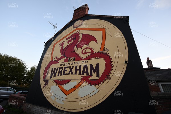 281025 - Wrexham v Cardiff City - Carabao Cup Round 4 - A welcome to Wrexham mural on a house in Wrexham