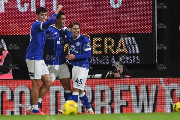 281025 - Wrexham v Cardiff City - Carabao Cup Round 4 - Yousef Salech of Cardiff City celebrates scoring the first goal of the game with team mates