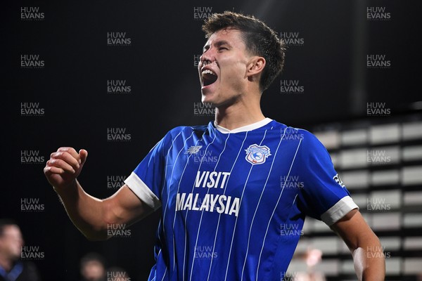 281025 - Wrexham v Cardiff City - Carabao Cup Round 4 - Rubin Colwill of Cardiff City celebrates the win at full time