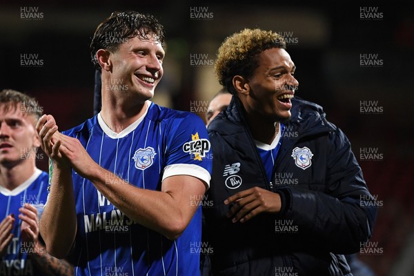 281025 - Wrexham v Cardiff City - Carabao Cup Round 4 - Will Fish of Cardiff City celebrates the win at full time with Omari Kellyman of Cardiff City