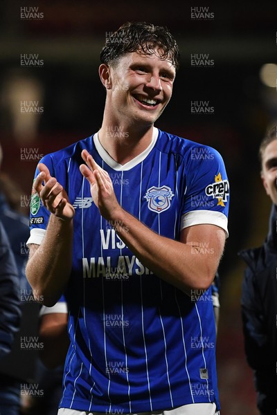 281025 - Wrexham v Cardiff City - Carabao Cup Round 4 - Will Fish of Cardiff City celebrates the win at full time