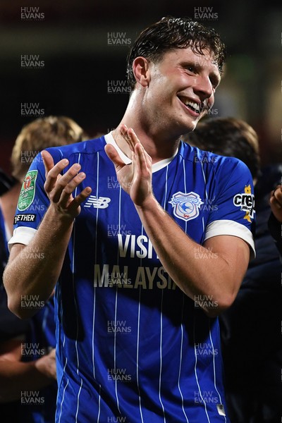 281025 - Wrexham v Cardiff City - Carabao Cup Round 4 - Will Fish of Cardiff City celebrates the win at full time