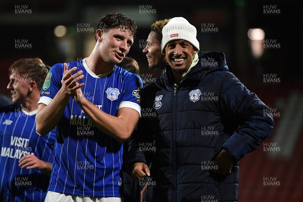 281025 - Wrexham v Cardiff City - Carabao Cup Round 4 - Will Fish of Cardiff City celebrates the win at full time with Callum Robinson of Cardiff City