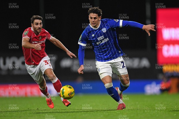 281025 - Wrexham v Cardiff City - Carabao Cup Round 4 - Yousef Salech of Cardiff City is challenged by Matthew James of Wrexham